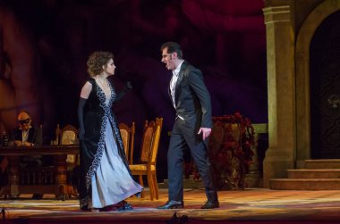 Dnipro, Ukrayna - 23 Şubat 2019: Giuseppe Verdi Dnipro Opera ve bale Tiyatrosu üyeleri tarafından gerçekleştirilen Traviata tarafından klasik Opera.