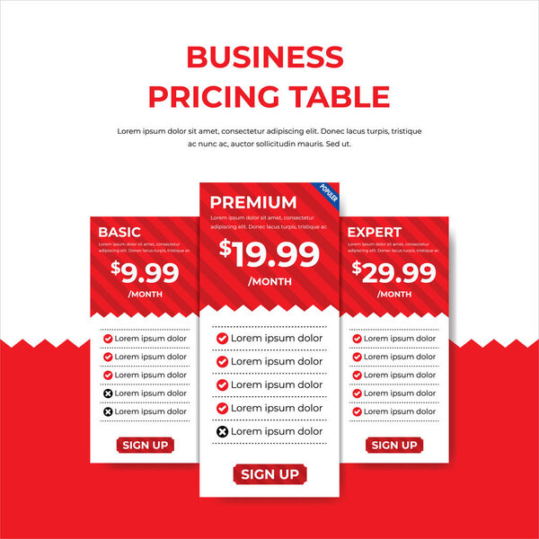 Subscription Pricing Table Template in Red | Business Plan Design, Red business pricing table for subscription, membership, and service plan comparison.