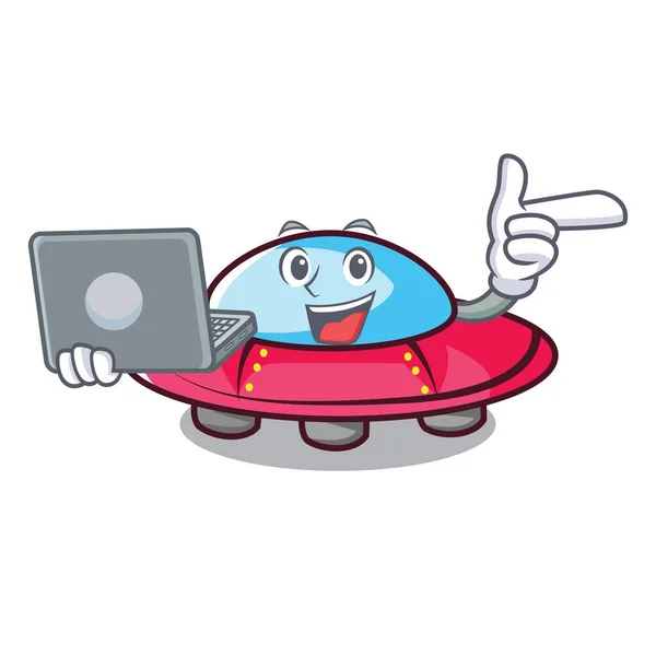 Mit Laptop Ufo Charakter Cartoon Stil Vektor Illustration — Stockvektor