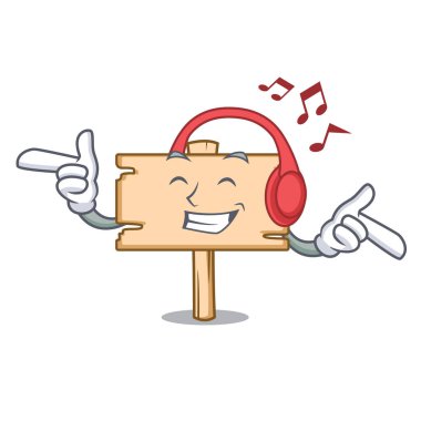Dinleme müzik ahşap tahta maskot karikatür vektör çizim