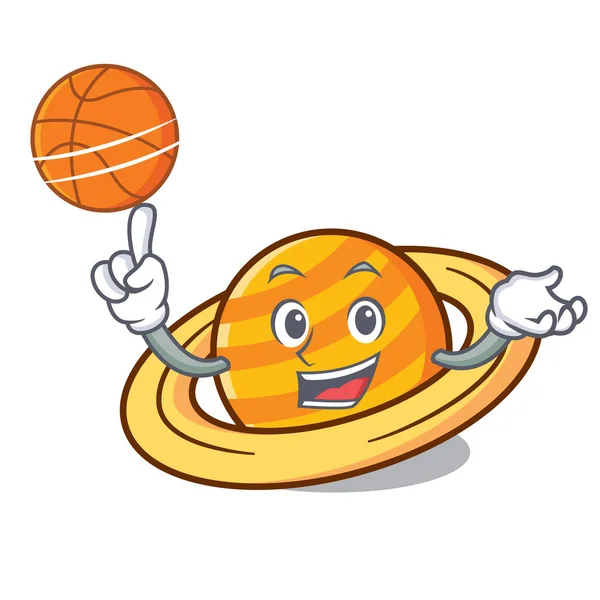 Basketbal Planetě Saturnus Charakter Kreslené Vektorové Ilustrace — Stockový vektor