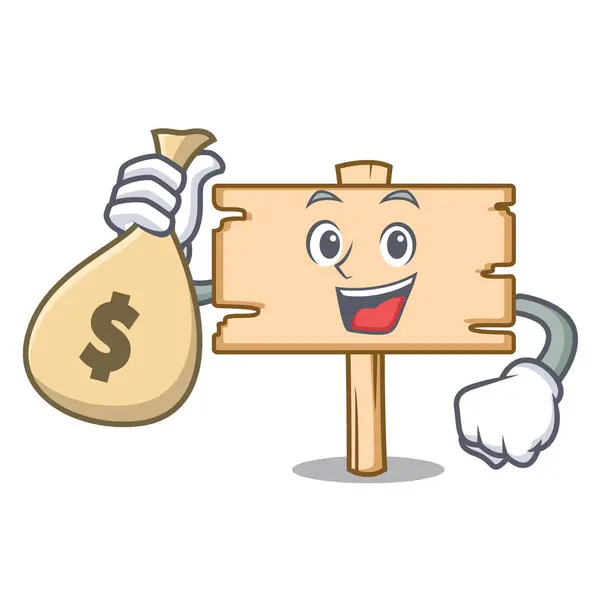 Money Bag Wooden Board Character Cartoon Vector Illustration — Stock Vector