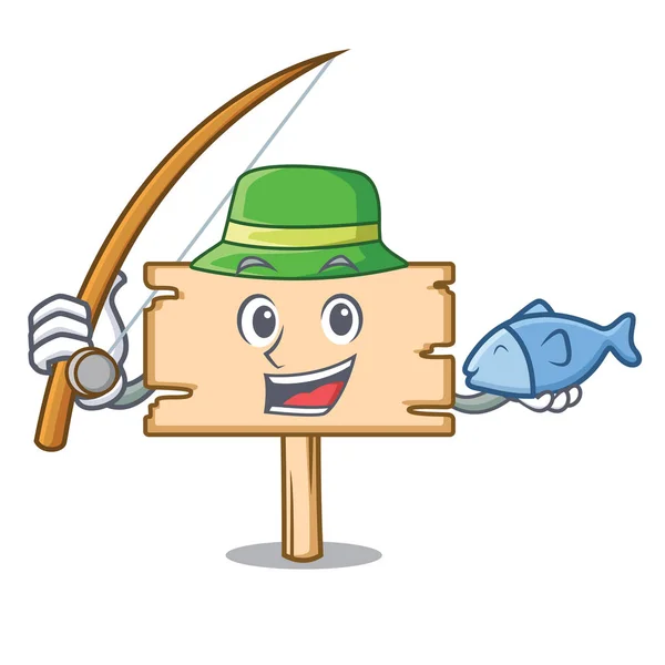 Pesca Placa Madeira Mascote Cartoon Vetor Ilustração — Vetor de Stock