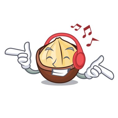 Dinleme müzik macadamia maskot karikatür tarzı vektör çizim