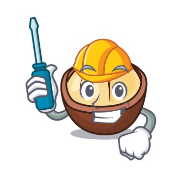 Otomotiv macadamia maskot karikatür tarzı vektör çizim