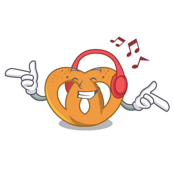 Listening Music Pretzel Mascot Cartoon Style Vector Illustration — Stock Vector