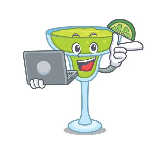 Avec Ordinateur Portable Margarita Personnage Dessin Animé Style Illustration Vectorielle — Image vectorielle
