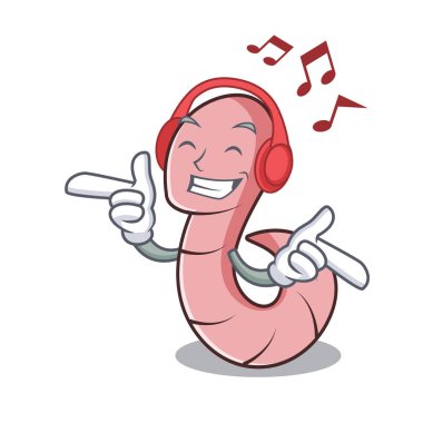 Dinleme müzik solucan maskot karikatür tarzı vektör çizim