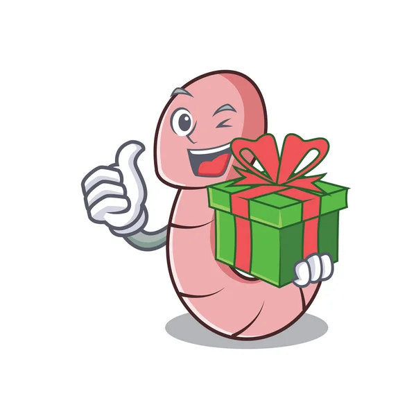 与礼品蠕虫吉祥物卡通风格矢量插画 — 图库矢量图片