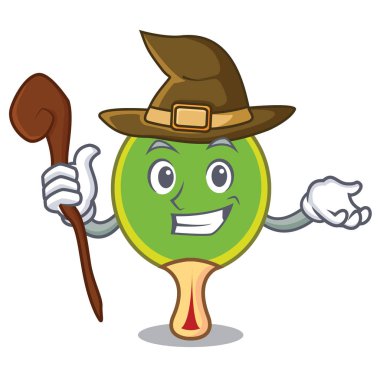 Cadı ping pong raket maskot karikatür vektör çizim