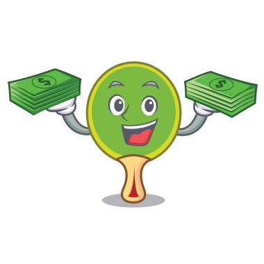 Para çantası ping pong raket maskot karikatür vektör çizim ile
