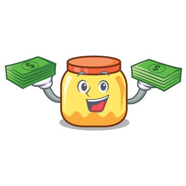 Para çantası krem kavanoz maskot karikatür vektör çizim ile