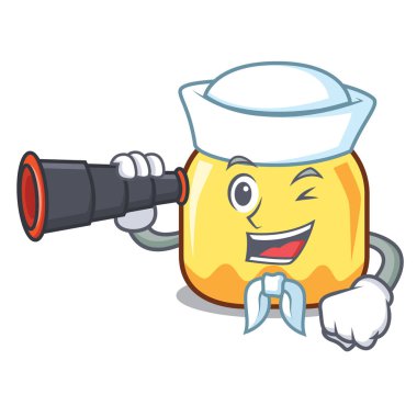 Denizci dürbün krem kavanoz maskot karikatür vektör çizim ile