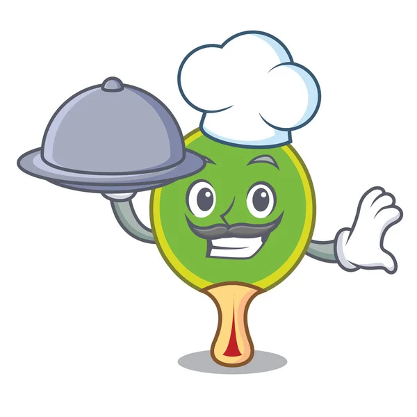 Chef Com Comida Ping Pong Raquete Mascote Cartoon Vector Ilustração — Vetor de Stock