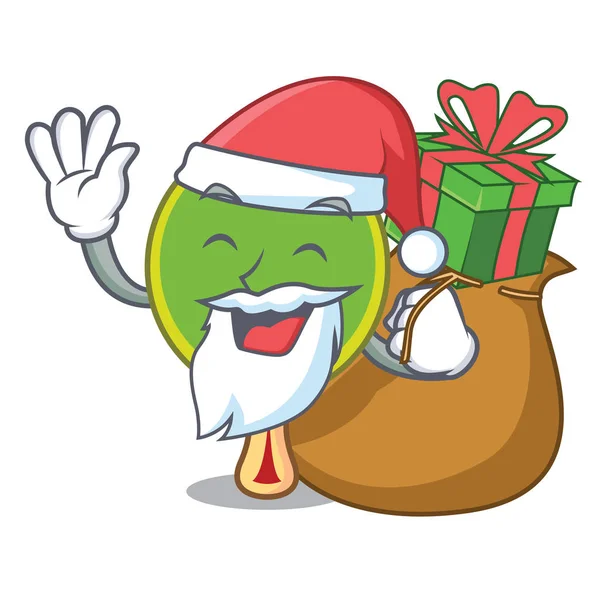 Santa Med Gåva Ping Pong Racket Maskot Tecknade Vektorillustration — Stock vektor