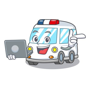 Dizüstü bilgisayar ambulans karakter karikatür tarzı vektör çizim ile