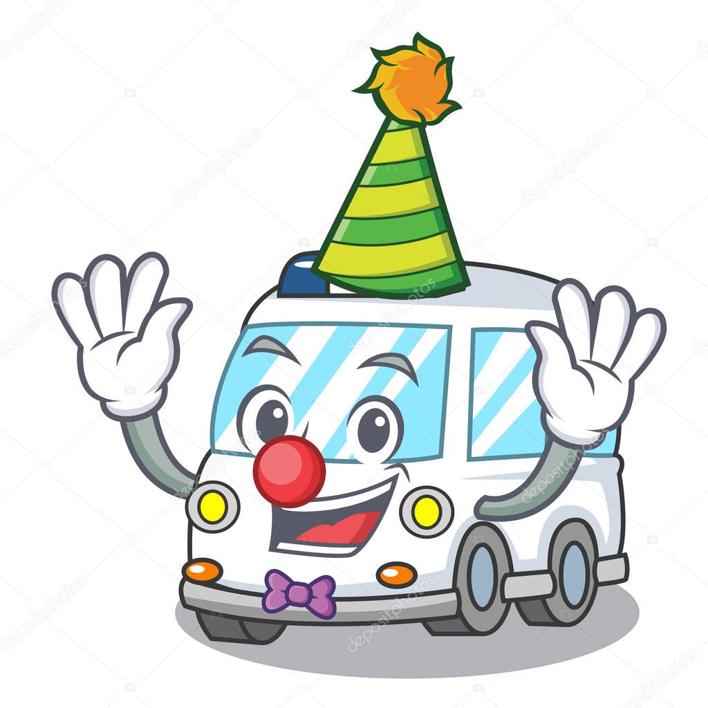 Clown ambulance mascot cartoon style vector illustration