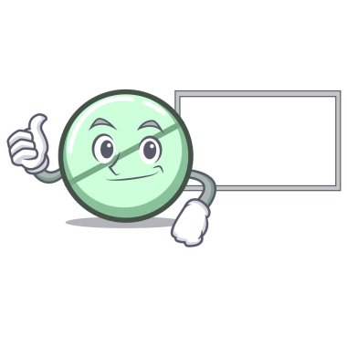 Başparmak yukarıya kurulu ilaç tablet karakter karikatür vektör çizim ile