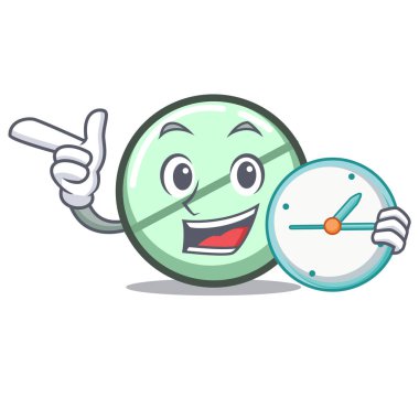 Saat ilaç tablet karakter karikatür vektör çizim ile