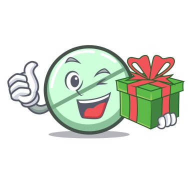 Hediye ilaç tablet maskot karikatür vektör çizim ile