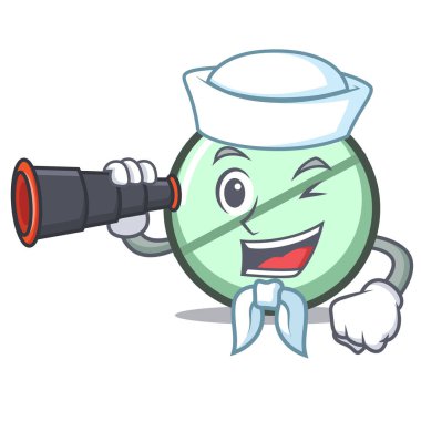 Denizci dürbün ilaç tablet maskot karikatür vektör çizim ile