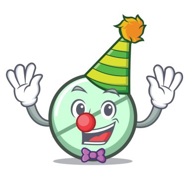 Palyaço ilaç tablet maskot karikatür vektör çizim