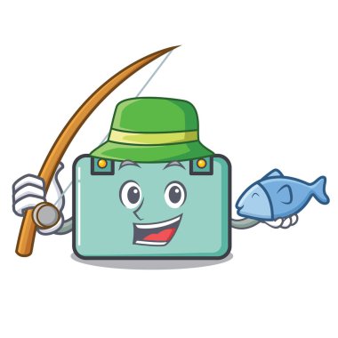 Balık tutma bavul maskot karikatür tarzı vektör çizim