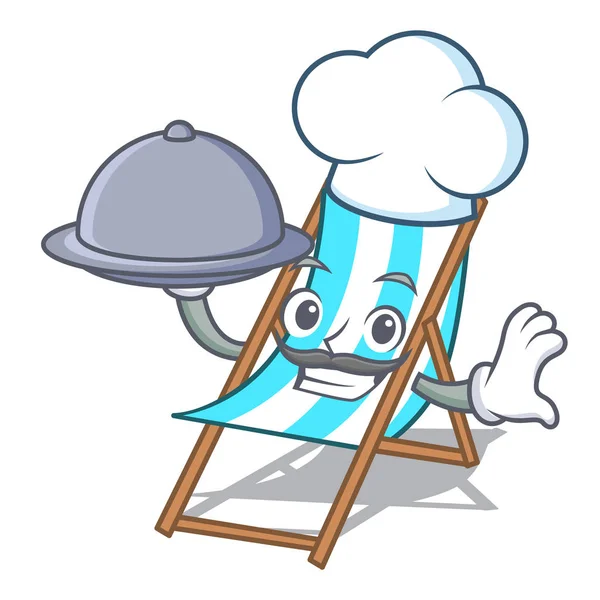Chef Com Comida Cadeira Praia Mascote Desenho Animado Vetor Ilustração — Vetor de Stock