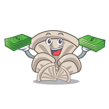 Para çantası istiridye mantar maskot karikatür vektör çizim ile