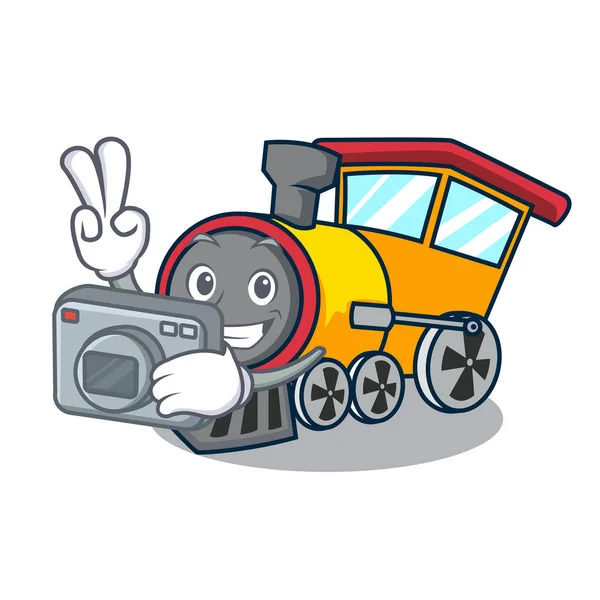 カメラマン列車マスコット漫画スタイルのベクトル図 — ストックベクタ