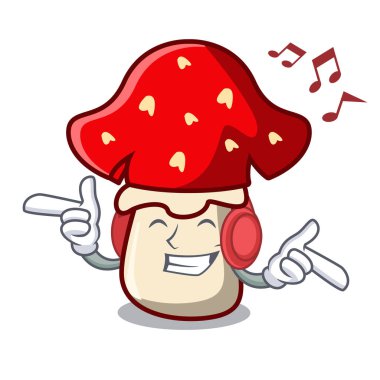 Dinleme müzik amanita mantar maskot karikatür vektör çizim