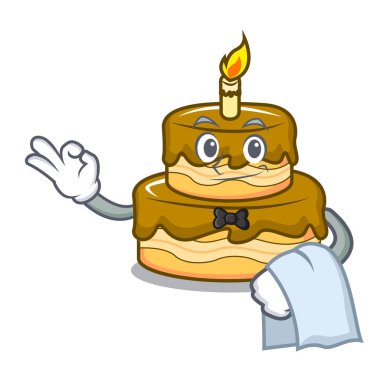 Garson Doğum günü pasta maskot karikatür vektör çizim