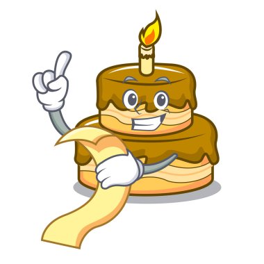 Menü Doğum günü pasta maskot karikatür vektör çizim ile