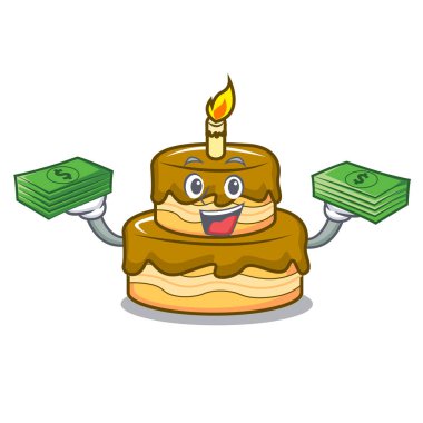 Para çanta Doğum günü pasta maskot karikatür vektör çizim ile