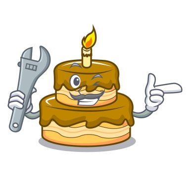 Mekanik Doğum günü pasta maskot karikatür vektör çizim