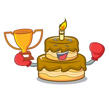 Boks kazanan Doğum günü pasta maskot karikatür vektör çizim