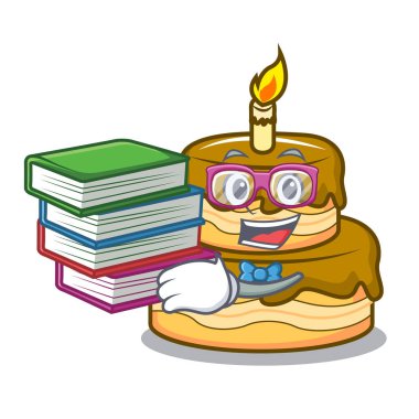 Öğrenci kitap Doğum günü pasta maskot karikatür vektör çizim ile