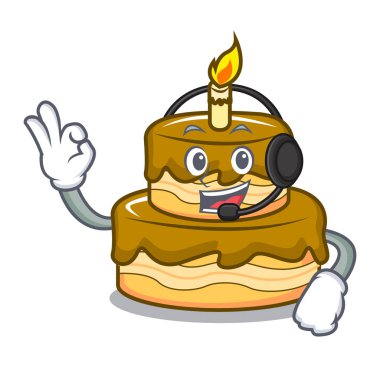 Kulaklık Doğum günü pasta maskot karikatür vektör çizim ile