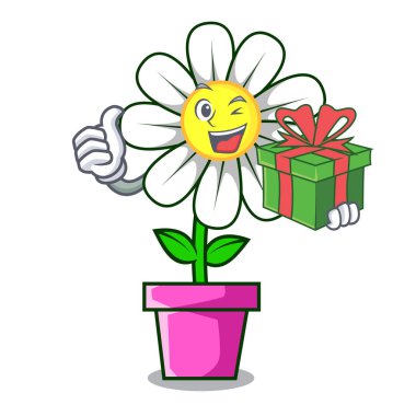Hediye papatya çiçek maskot karikatür vektör çizim ile