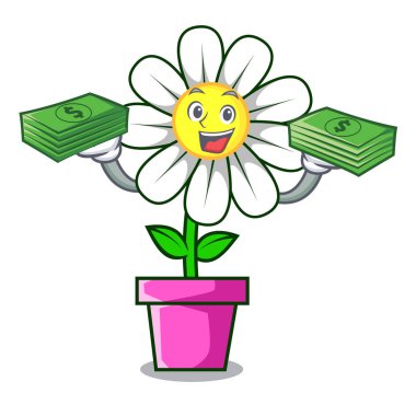 Para çantası papatya çiçek maskot karikatür vektör çizim ile