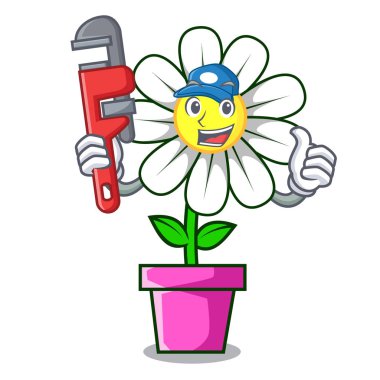 Tesisatçı papatya çiçek maskot karikatür vektör çizim