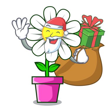 Noel Baba hediye papatya çiçek maskot karikatür vektör çizim ile