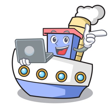 Laptop ile karakter karikatür tarzı vektör çizim gemi