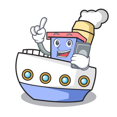 Telefon ile karakter karikatür tarzı vektör çizim gemi