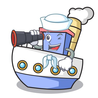 Denizci dürbün geminin maskotu karikatür tarzı vektör çizim ile