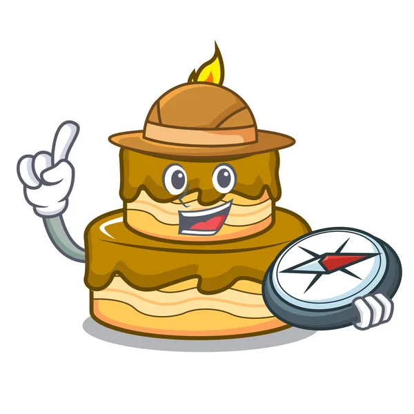 Explorer Doğum günü pasta maskot karikatür vektör çizim