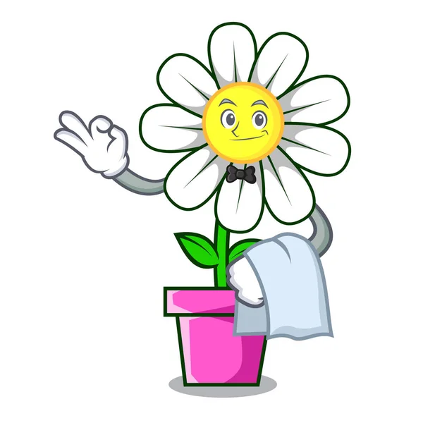Waiter Daisy Flower Mascot Cartoon Vector Illustration — Stock Vector