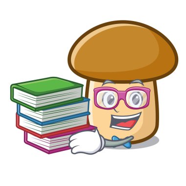 Öğrenci kitap porcini mantar maskot karikatür ile