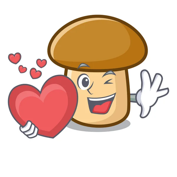 Avec coeur porcini mascotte de champignons dessin animé — Image vectorielle