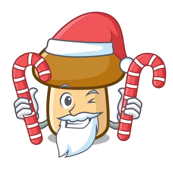 Santa com doces porcini cogumelo mascote desenhos animados —  Vetores de Stock